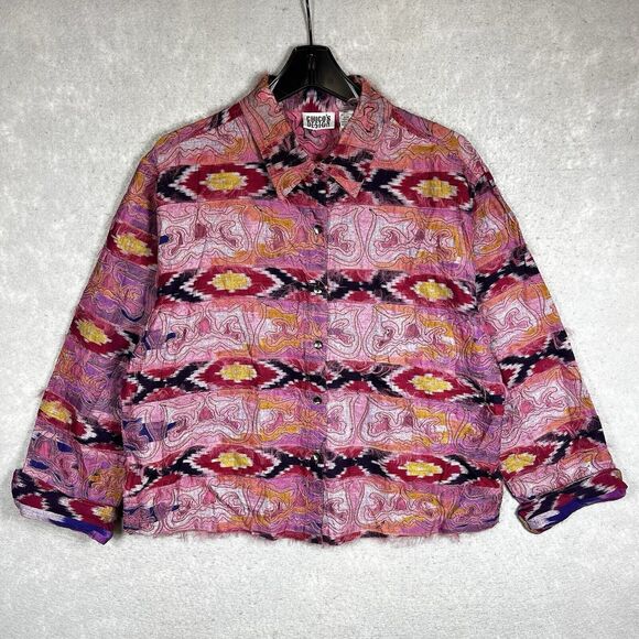 Chicos Shaket Jacket Womens Large Pink Long Sleeve Button Front Aztec Southwest - Picture 1 of 12